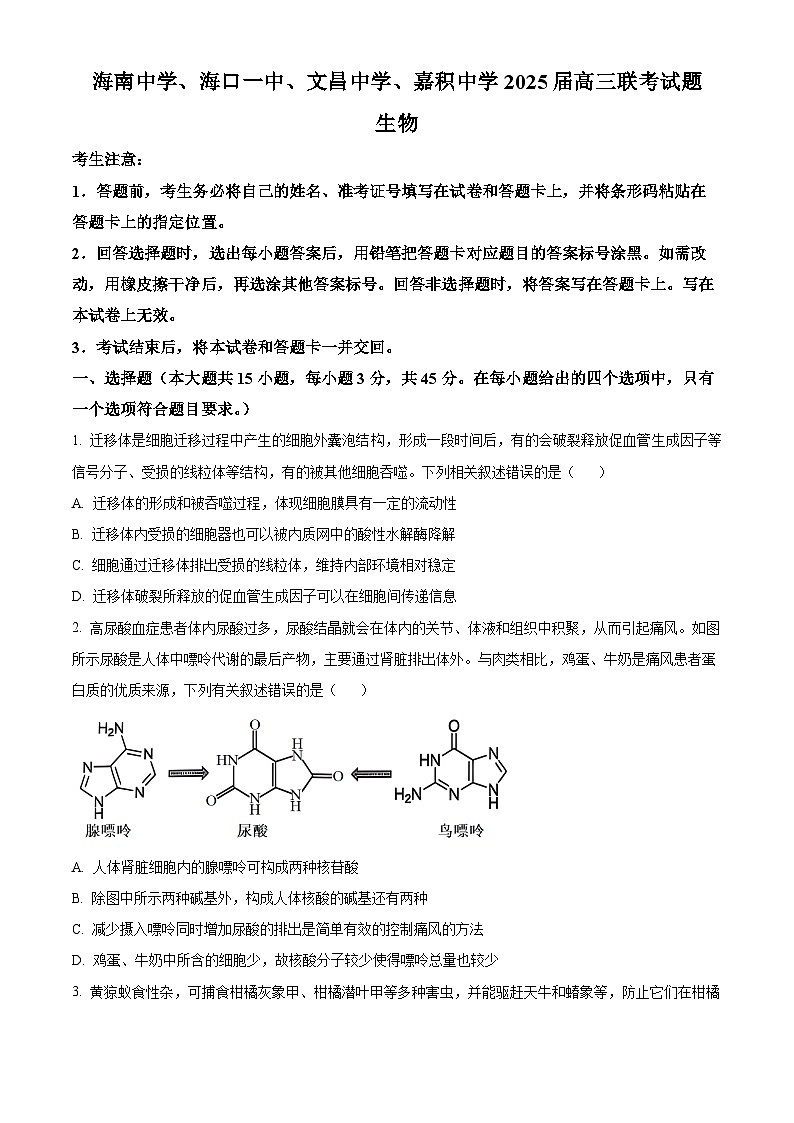 海南省四校2024-2025学年高三下学期3月月考生物试题（原卷版+解析版）第1页
