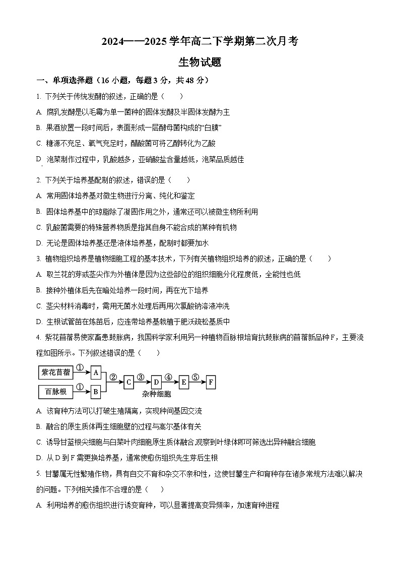 河南省郑州市中牟县第一高级中学2024-2025学年高二下学期3月月考生物试题（原卷版+解析版）第1页
