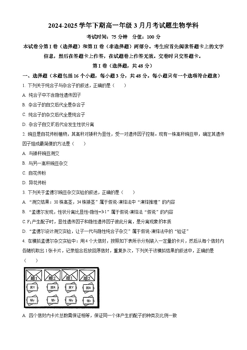 河南省郑州市实验高级中学2024-2025学年高一下学期3月月考生物试题（原卷版+解析版）第1页
