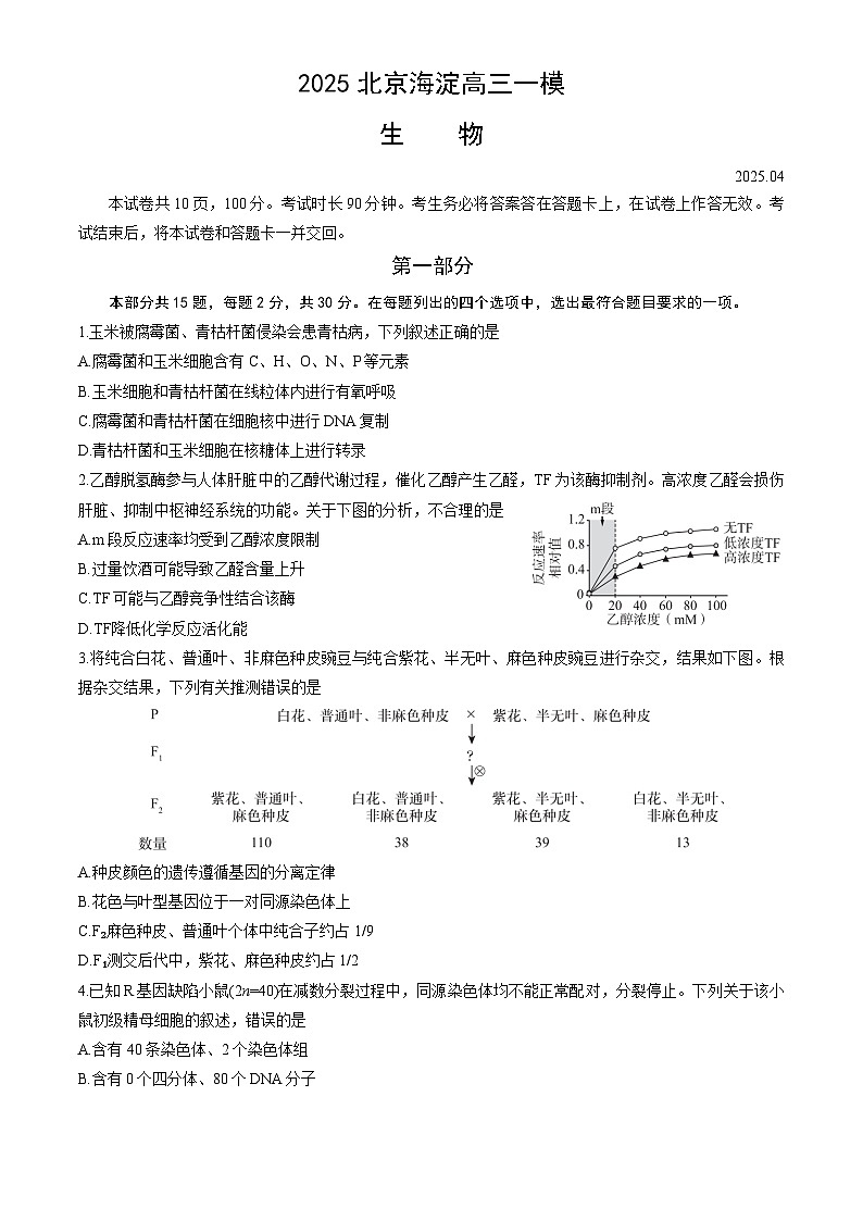 北京市海淀区2025年高三下学期4月一模试题生物Word版含答案第1页