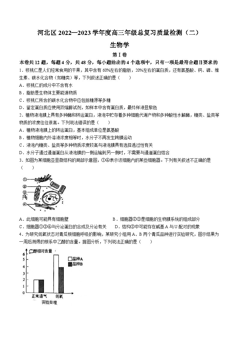 2023届天津市河北区高三下学期总复习质量监测(二)生物试题 附答案第1页