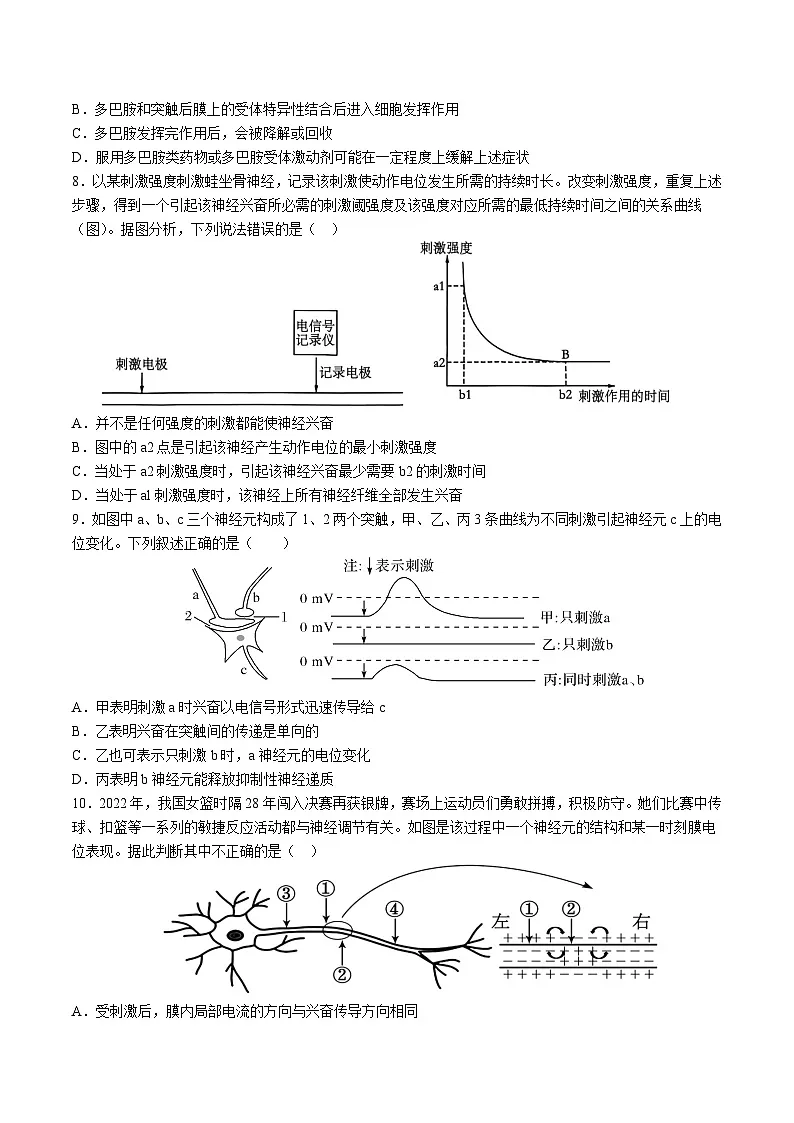 高中人教版生物选择性必修1同步作业及答案-第2章 第3节 神经冲动的产生和传导第3页