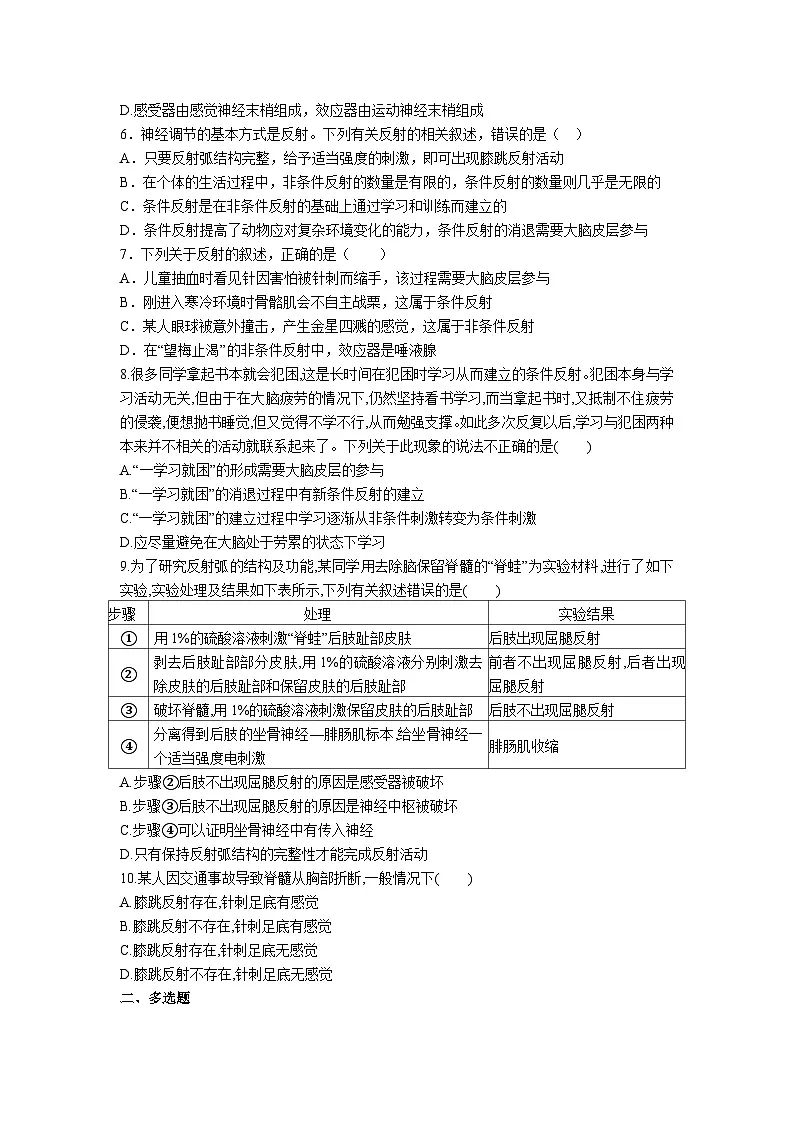 高中人教版生物选择性必修1同步作业及答案-第2章 第2节 神经调节的基本方式第2页