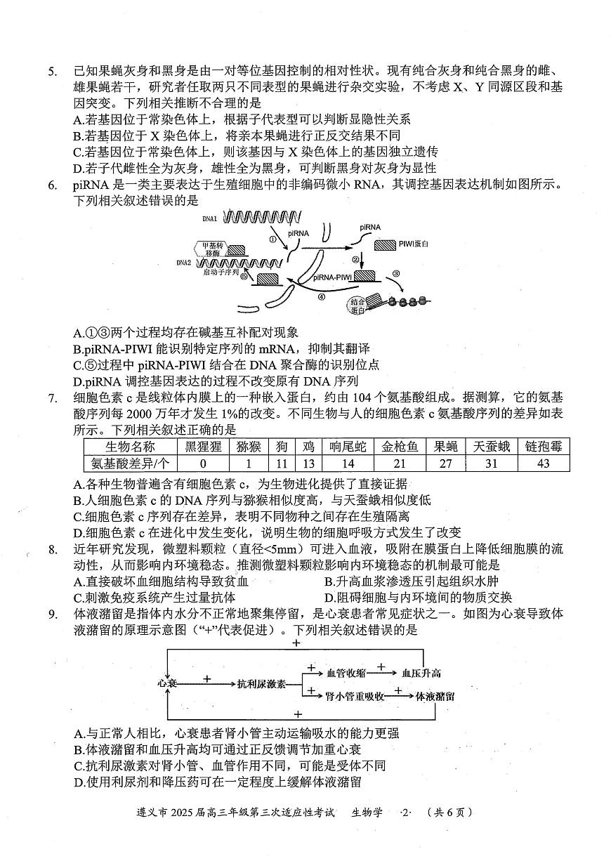 2025届贵州省遵义市高三下学期第三次适应性考试生物试题第2页