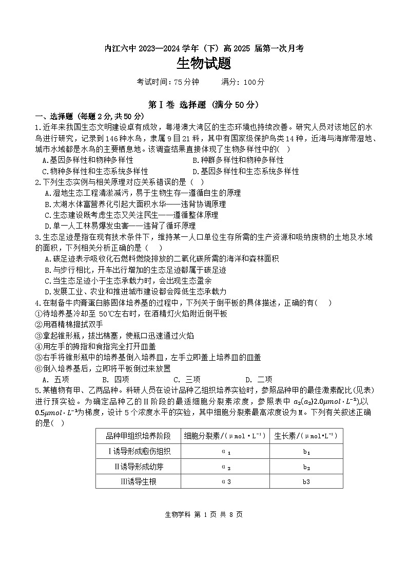 四川省内江市第六中学2023-2024学年高二下期第一次月考生物试题含答案第1页