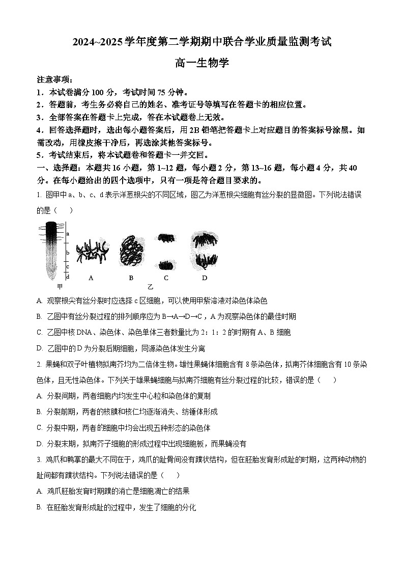 广东省清远市六校2024-2025学年高一下学期期中考试生物试题（原卷版+解析版）第1页