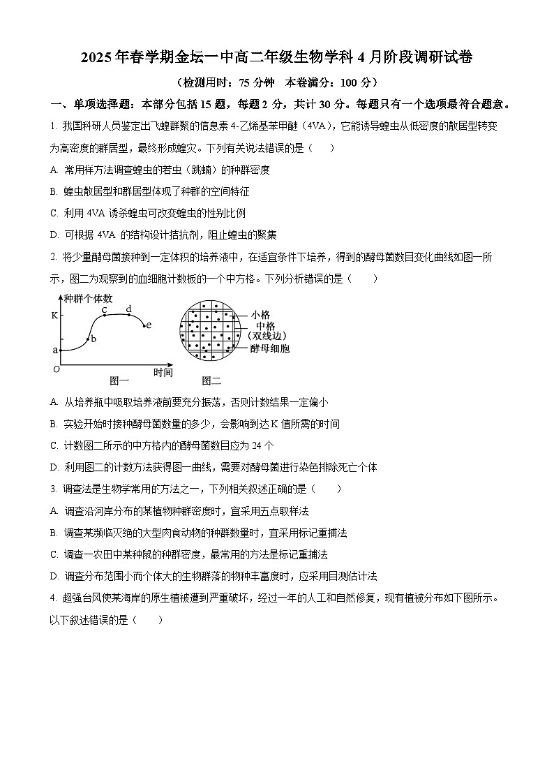 江苏省常州市金坛区第一中学2024-2025学年高二下学期4月月考生物试题（原卷版+解析版）第1页