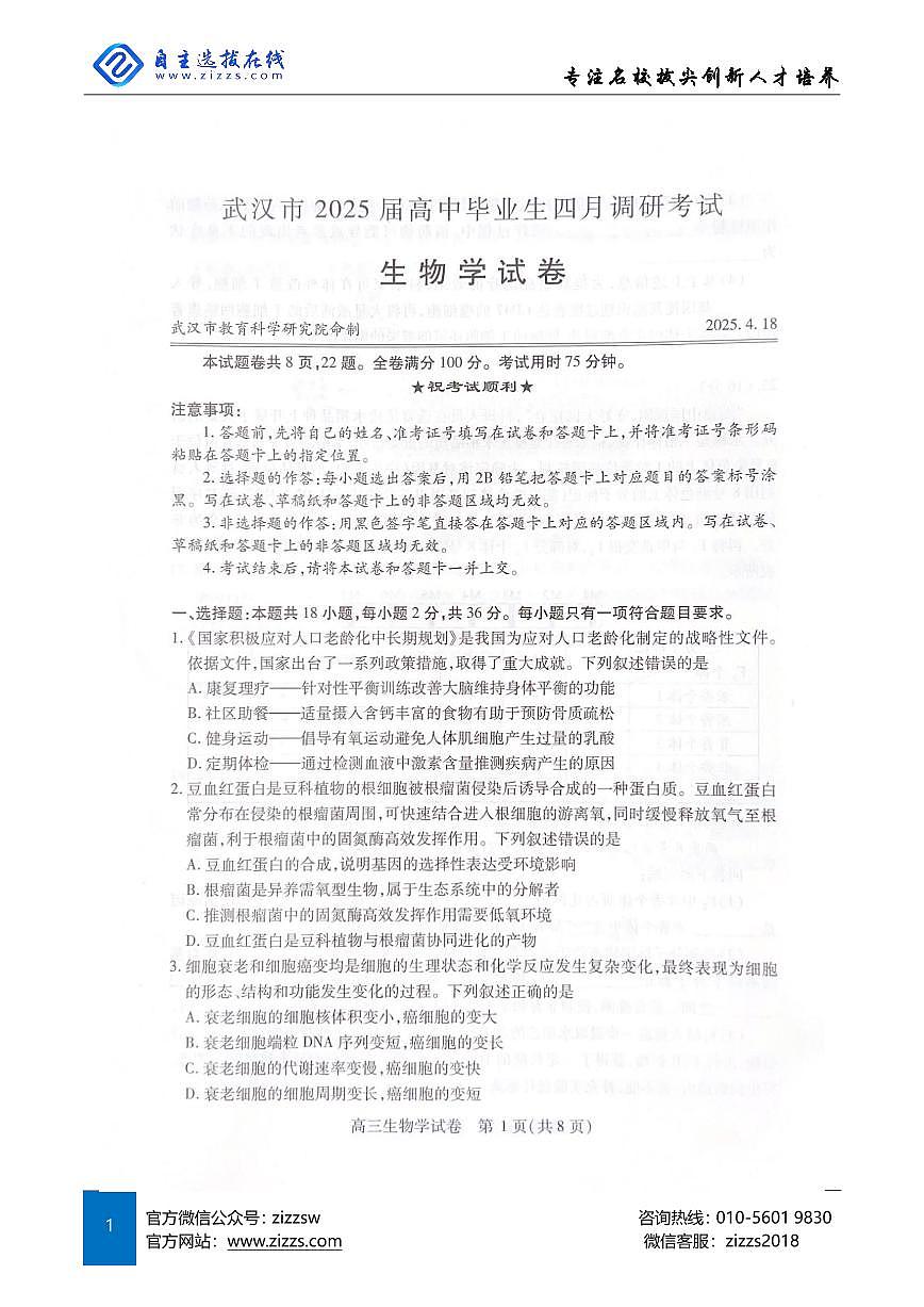 2025年湖北省武汉市高三四调考试 生物试卷（含答案）第1页
