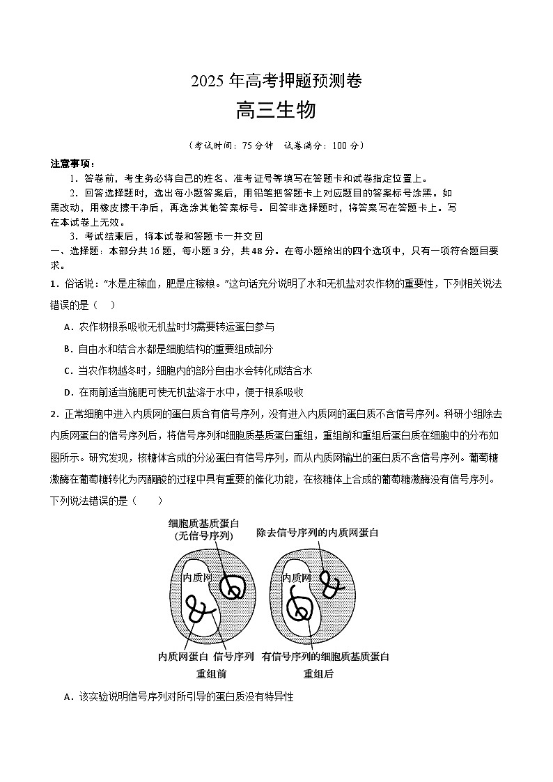 2025年高考押题预测卷：生物（河南卷02）（考试版）第1页