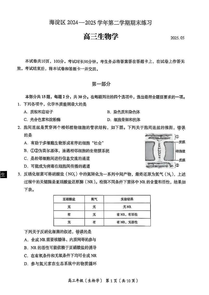 生物丨北京市海淀区2025届高三下学期5月二模试卷及答案第1页