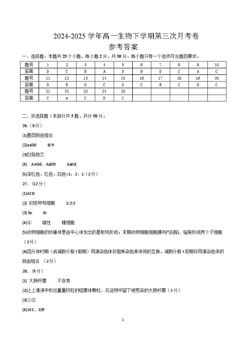 高一生物月考卷（人教版2019必修2,1~5章）-高中下学期第三次月考 高一生物月考卷（参考答案）（人教版2019）第1页