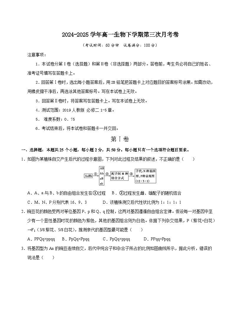 高一生物月考卷（A4考试版）【测试范围：人教版2019必修2第1~5章】（天津专用）第1页