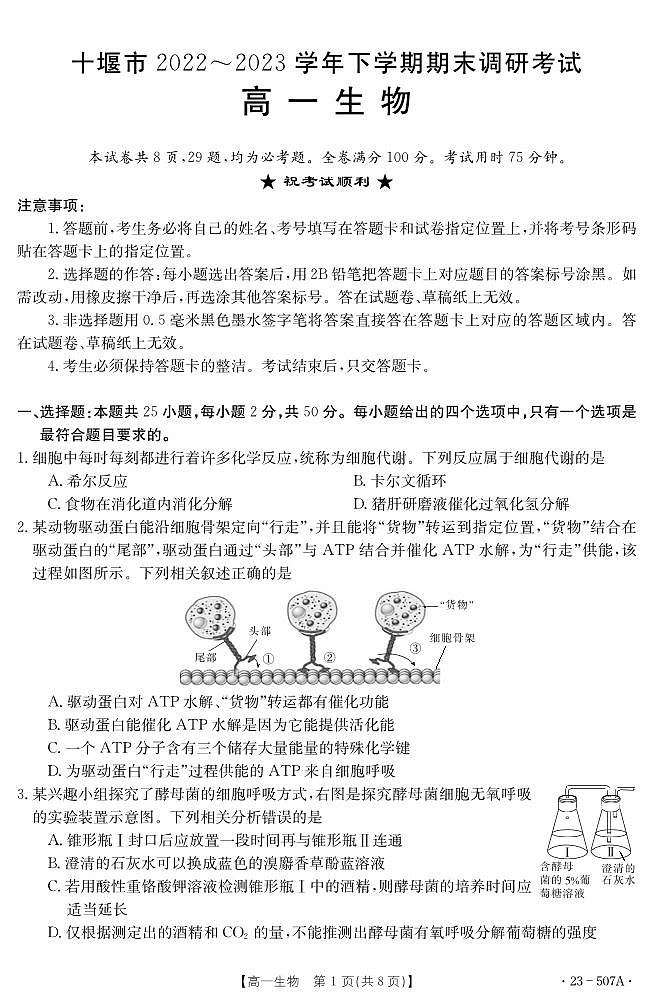 湖北省十堰市2022-2023学年高一下学期期末调研考试 生物试卷（含答案）第1页
