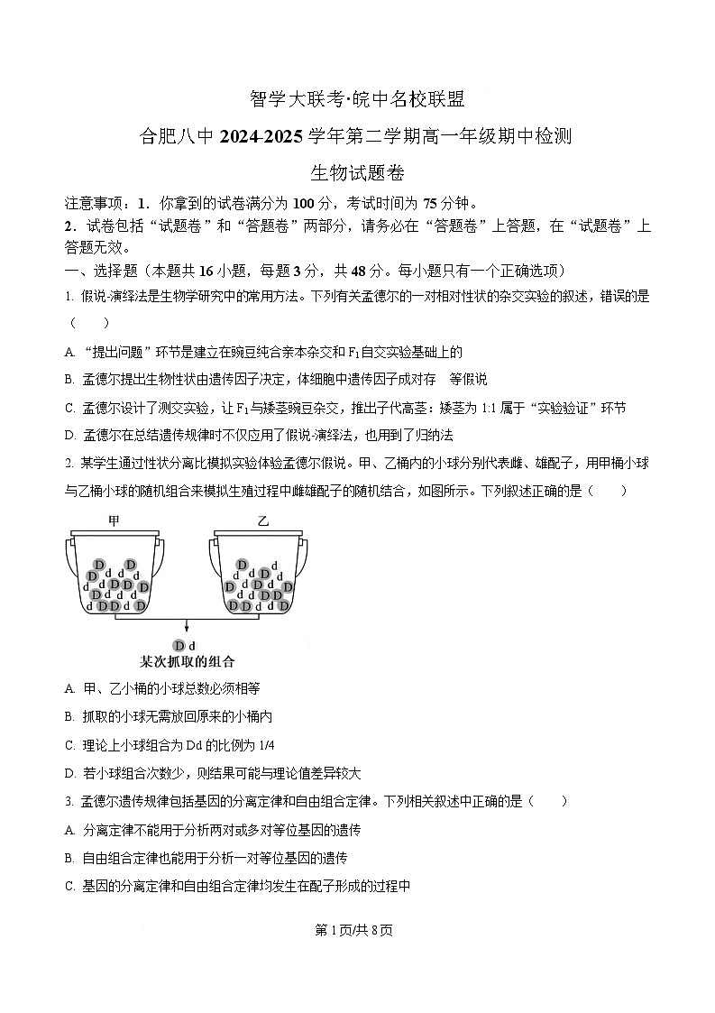 安徽省合肥市第八中学2024-2025学年高一下学期4月期中考试生物试题（原卷版）第1页
