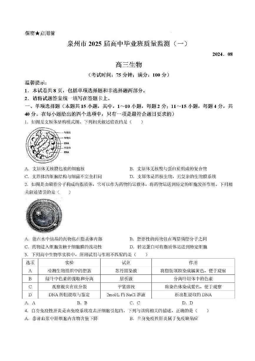 2025届福建省泉州市高三上学期8月高中毕业班质量监测（一）生物试卷（含答案）第1页