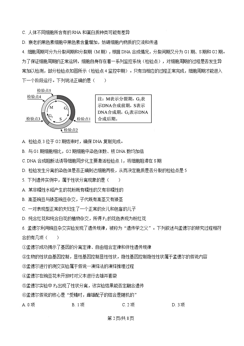 安徽省宿州市省、市示范高中2024-2025学年高一下学期期中教学质量检测生物试卷（原卷版）第2页
