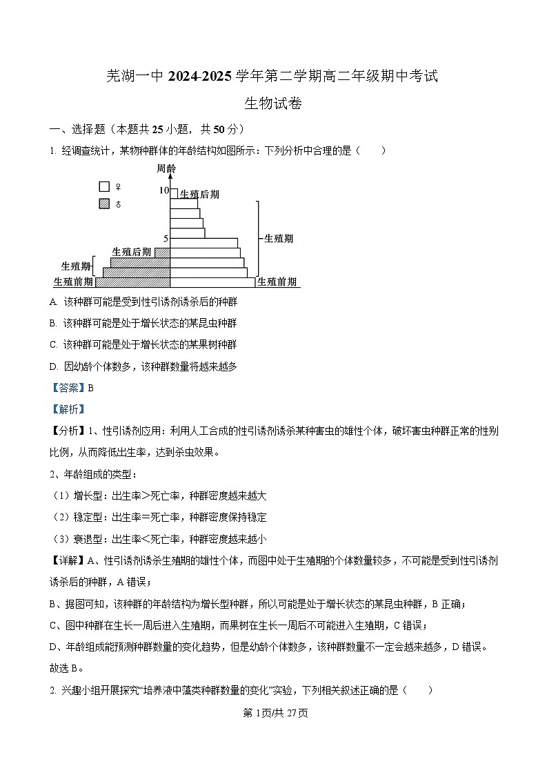 安徽省芜湖市镜湖区芜湖市第一中学2024-2025学年高二下学期期中考试生物试题 Word版含解析第1页