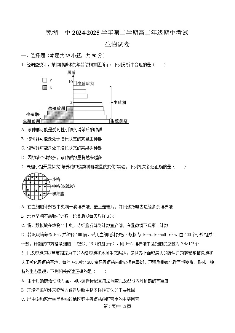安徽省芜湖市镜湖区芜湖市第一中学2024-2025学年高二下学期期中考试生物试题（原卷版）第1页