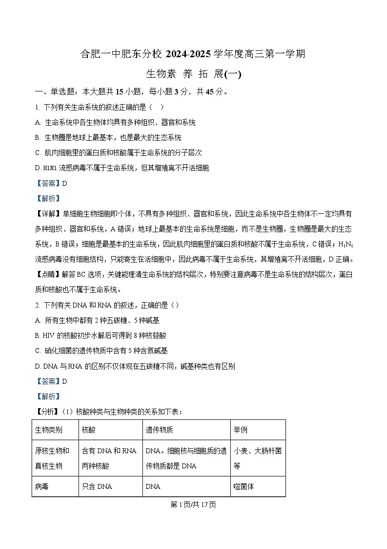 安徽省合肥市合肥一中肥东分校2024-2025学年高三上学期第一次素养拓展生物试题 含解析第1页