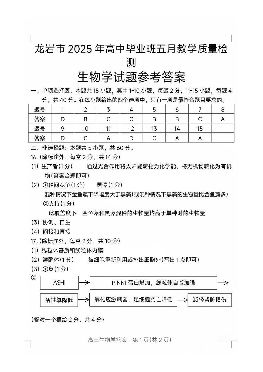 福建省龙岩市2025年高中毕业班五月教学质量检测生物答案第1页