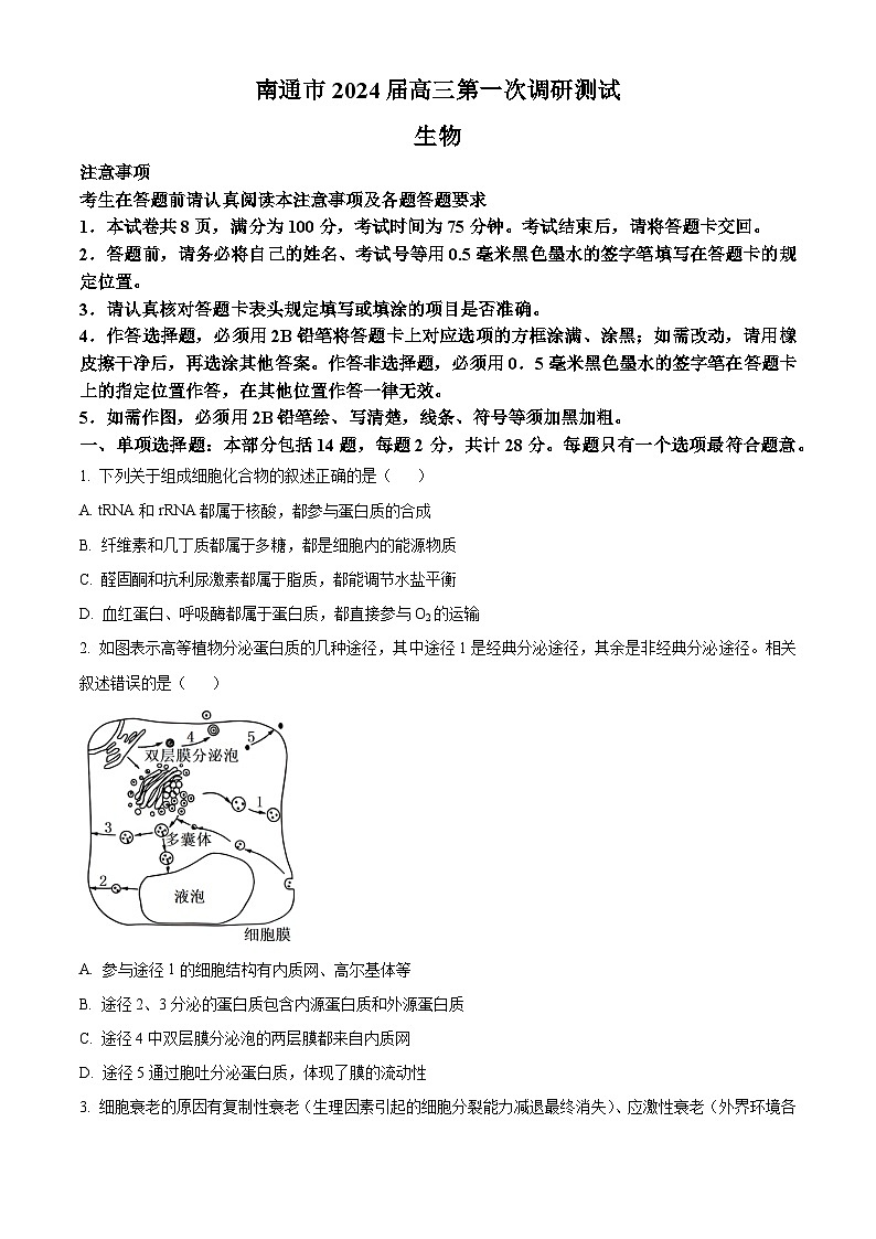 2024届江苏省南通市高三第一次调研测试生物试题（原卷版）第1页