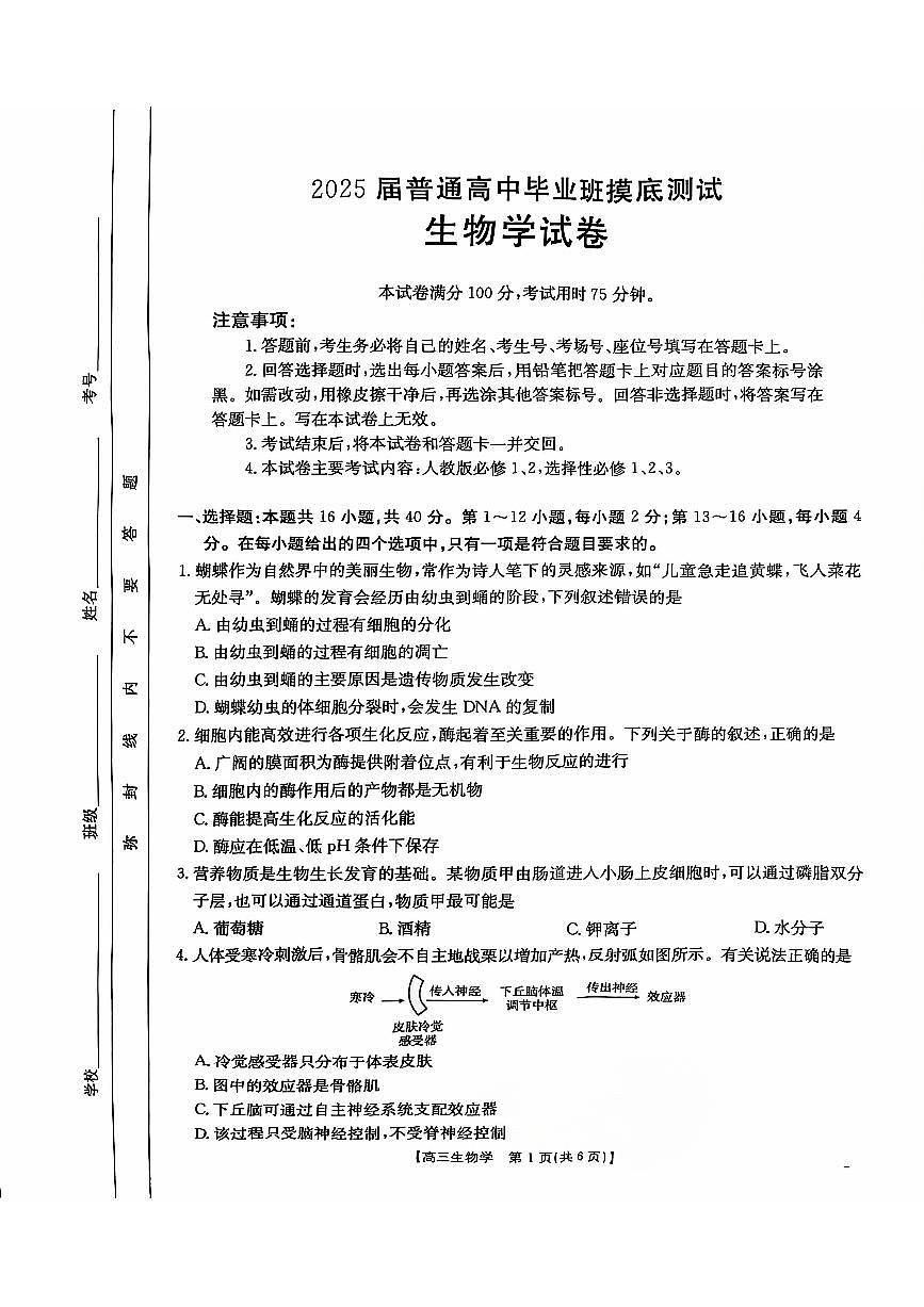 广西2025届高三10月七市联考生物试卷（含答案）第1页
