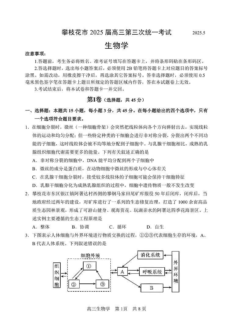 四川省攀枝花市2025届高三高考模拟第三次统一考试-生物试题+答案第1页