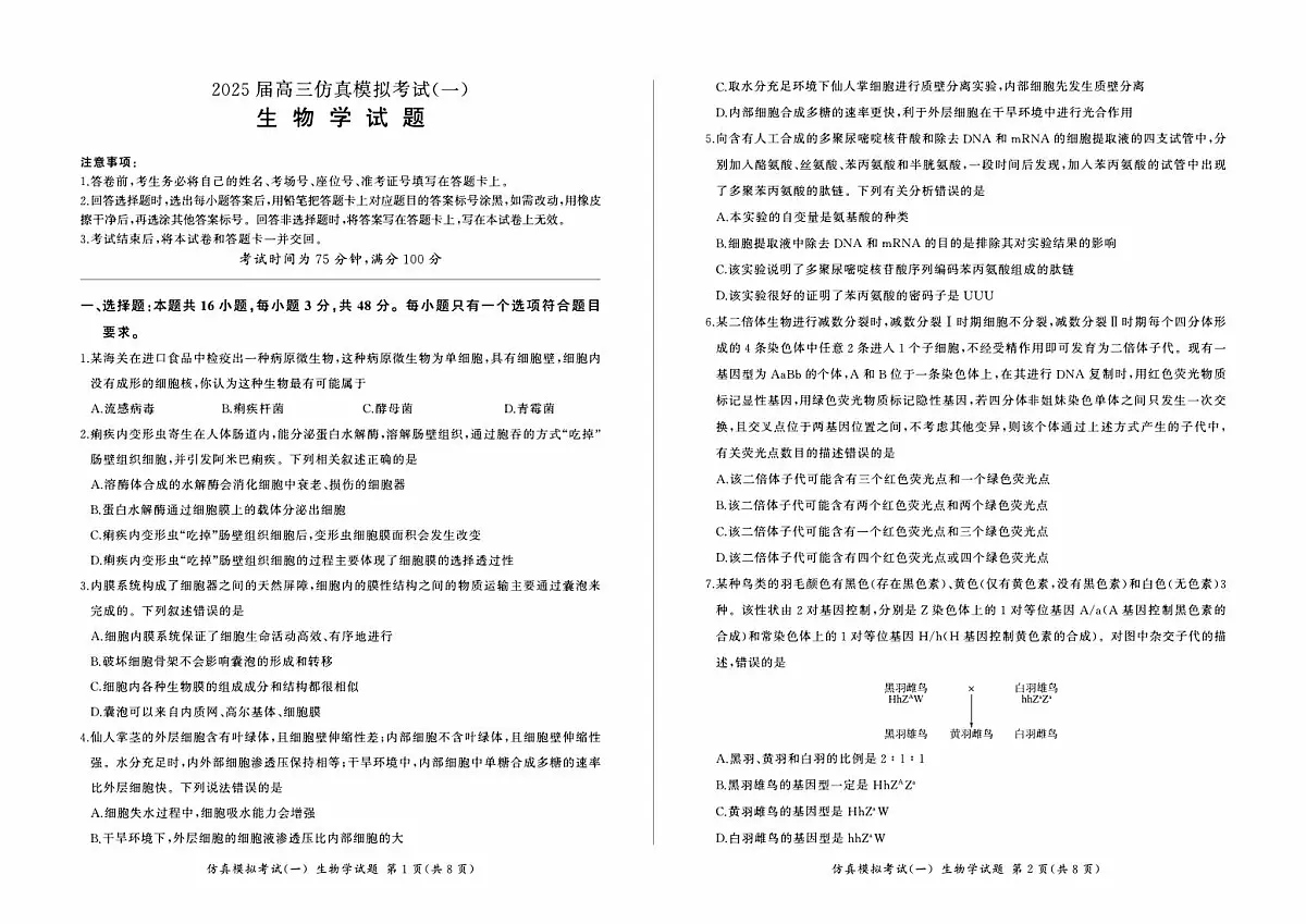 2024-2025年百师联盟高三高考仿真模拟一 生物试题（含答案）第1页