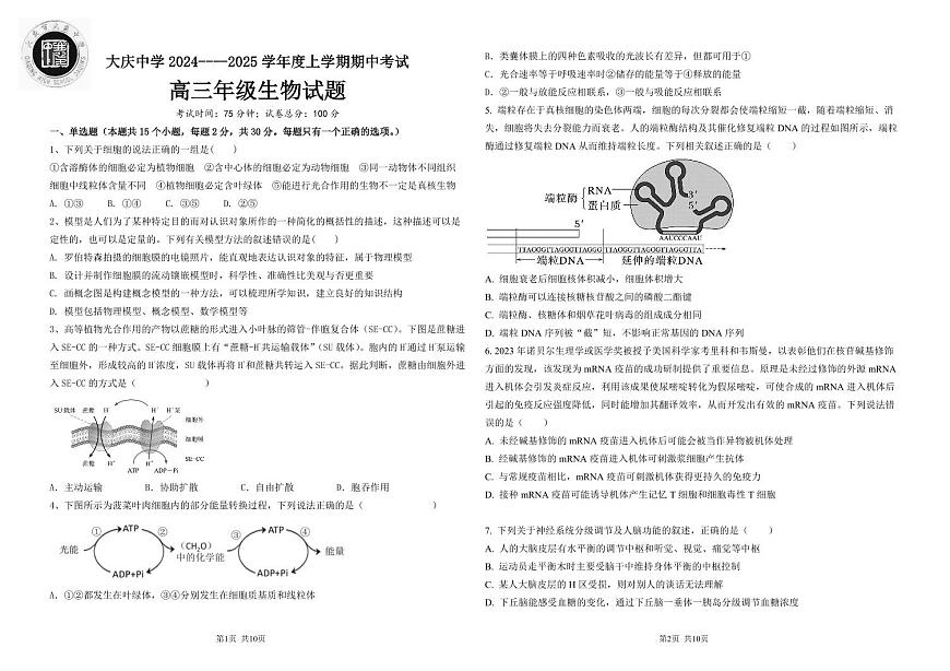 黑龙江省大庆市大庆中学2024-2025学年高三上学期10月期中考试 生物试卷（含答案）第1页