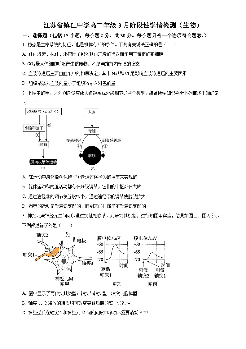 江苏省镇江市镇江中学2024-2025学年高二下学期3月检测生物试题（原卷版+解析版）第1页