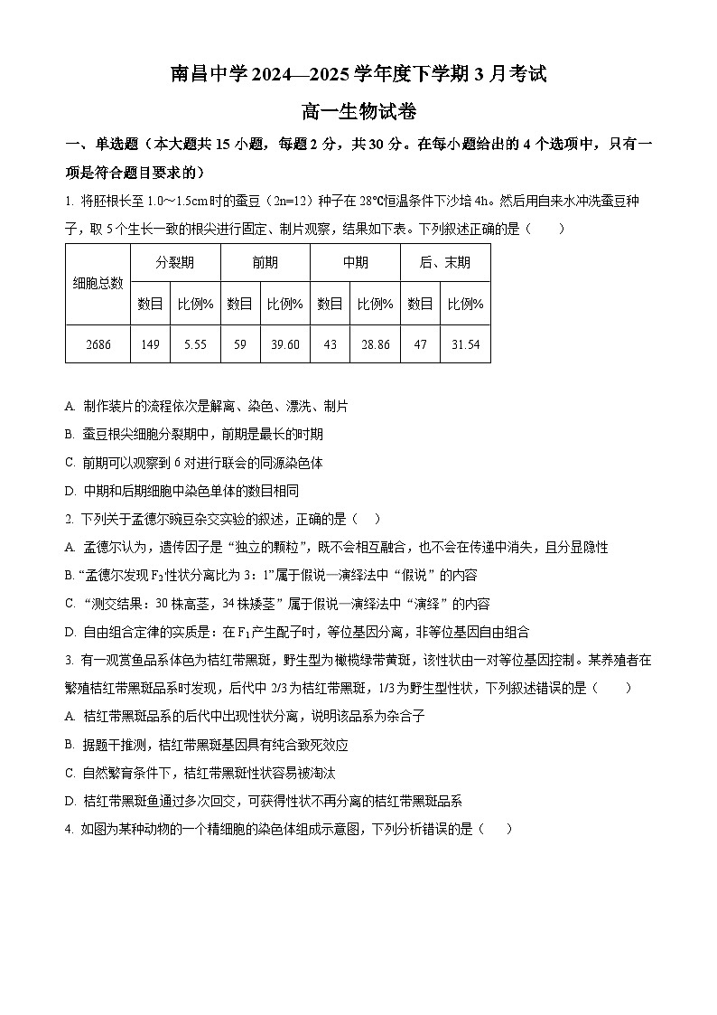 江西省南昌中学2024-2025学年高一下学期3月月考生物试题（原卷版+解析版）第1页