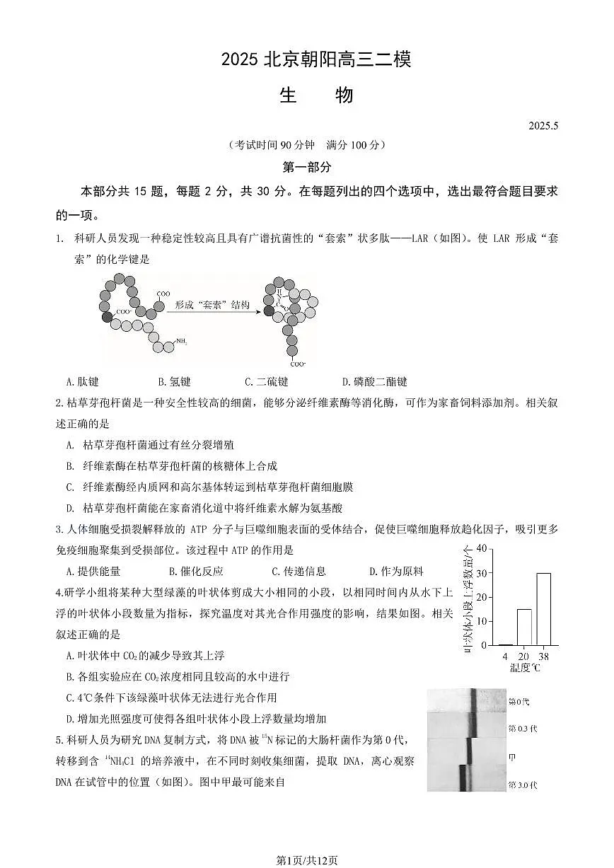 2025北京朝阳高三二模[高考模拟]生物试卷（教师版）第1页