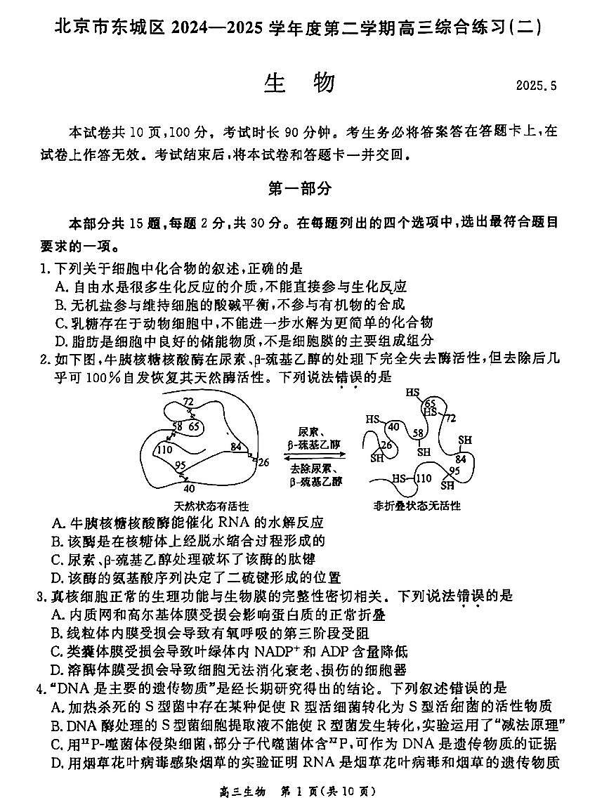 2025北京东城高三二模[高考模拟]生物试卷第1页