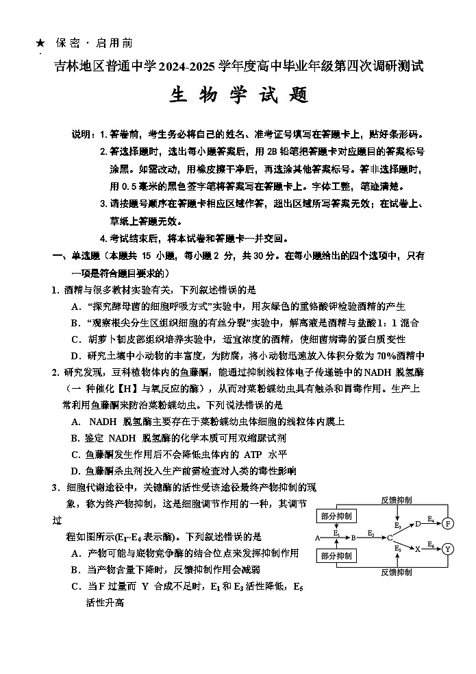 吉林省吉林市2024-2025学年高三下学期4月四模试题 生物 含答案第1页