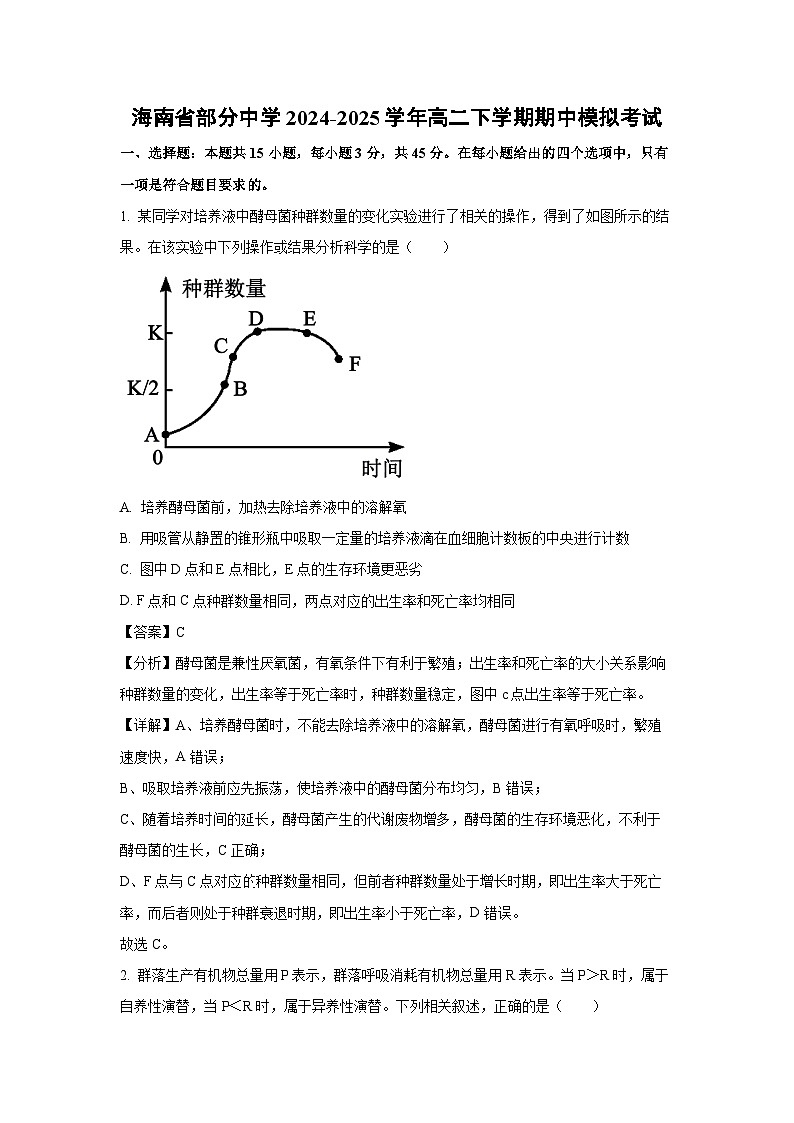 海南省部分中学2024-2025学年高二下学期期中模拟考试生物（解析版）第1页
