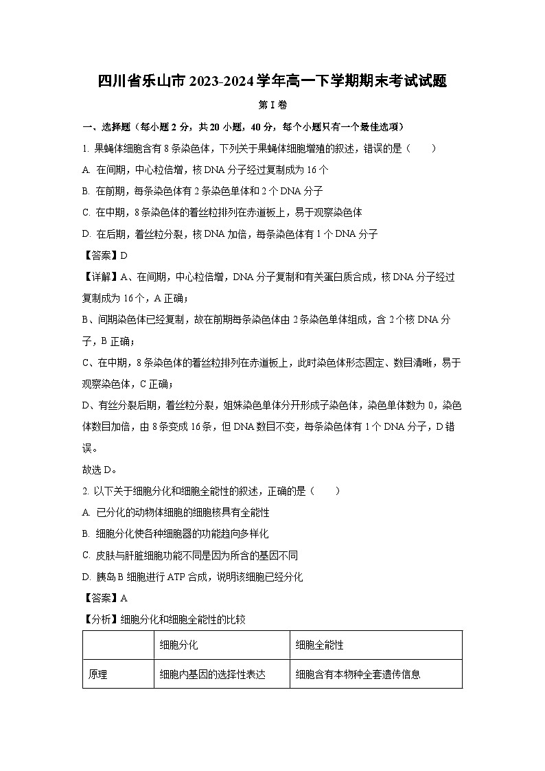 四川省乐山市2023-2024学年高一下学期期末考试生物试题（解析版）第1页