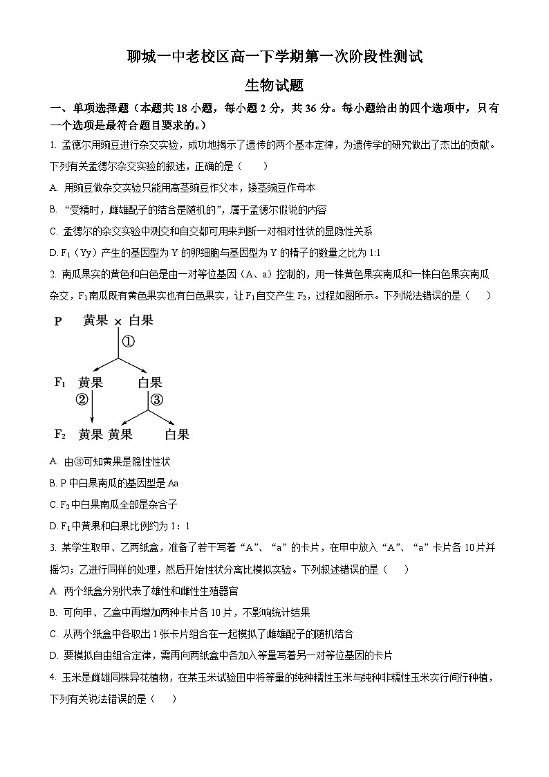 山东省聊城第一中学老校区2024-2025学年高一下学期第一次月考生物试题（原卷版+解析版）第1页