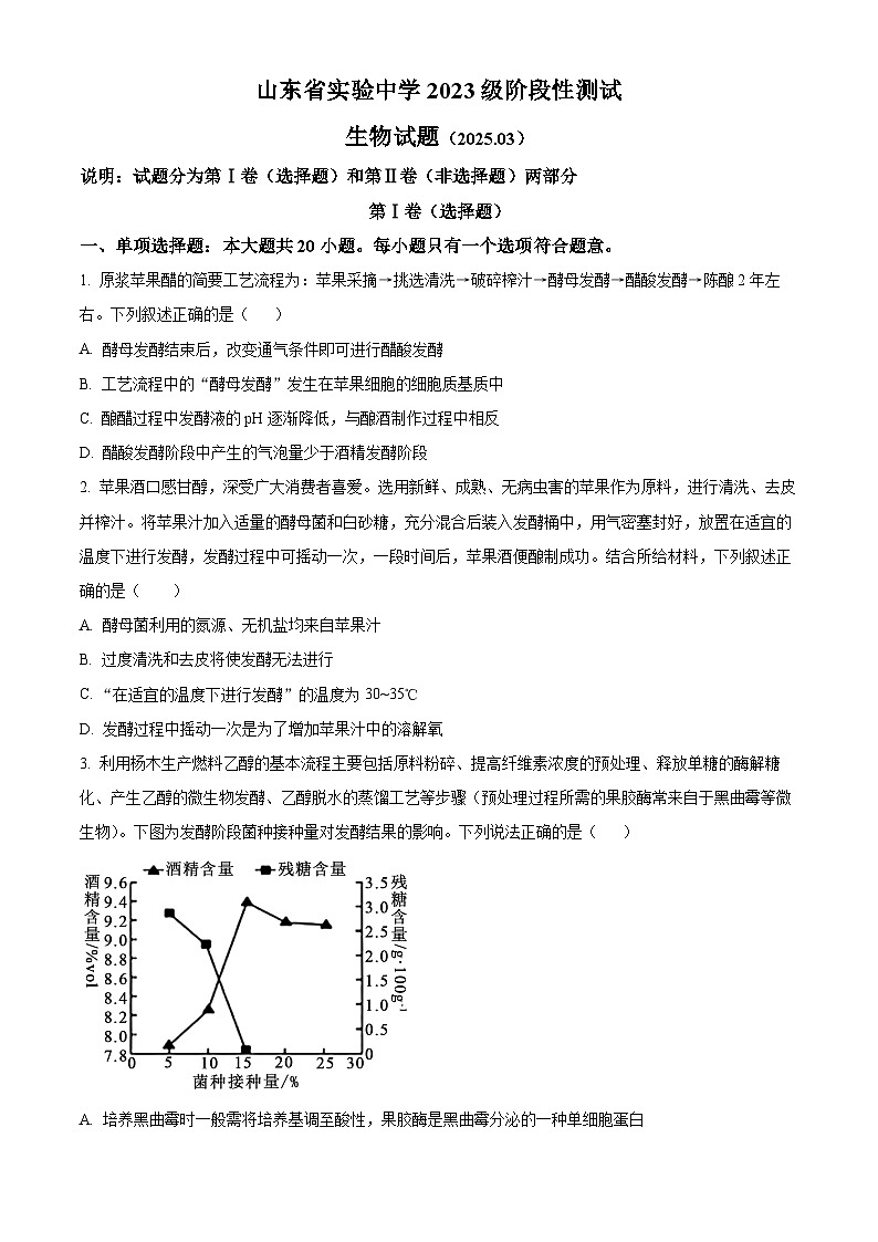 山东省实验中学2024—2025学年高二下学期3月考试生物试题（原卷版+解析版）第1页
