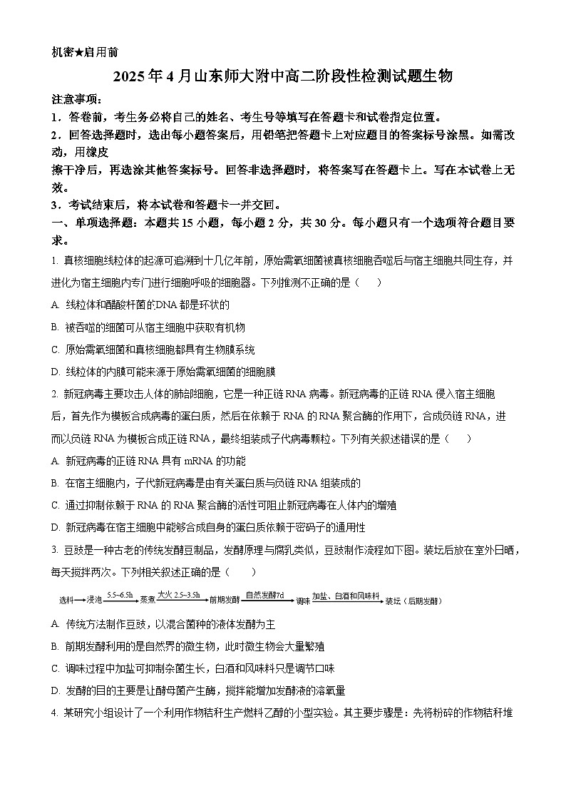 山东师范大学附属中学2024-2025学年高二下学期期中考试生物试题（原卷版+解析版）第1页