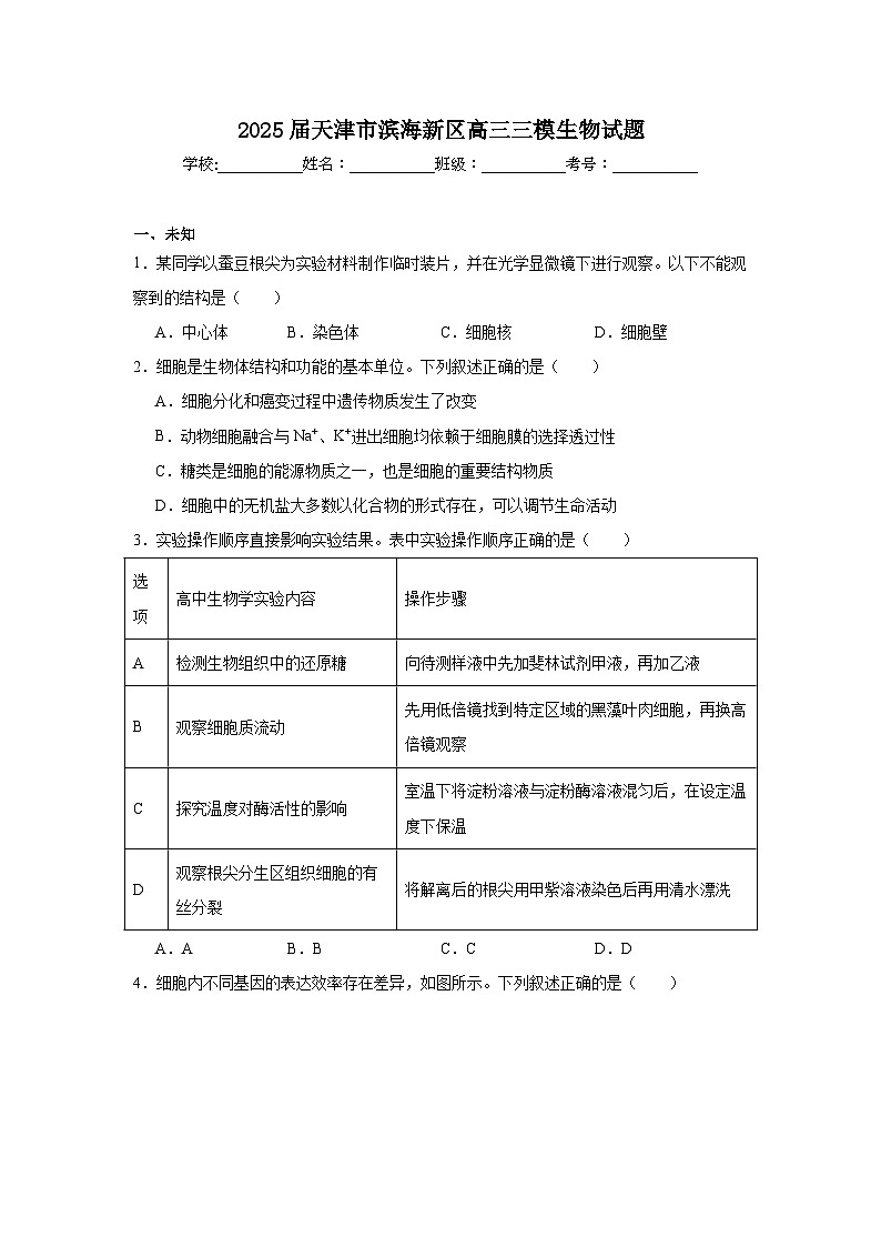 2025届天津市滨海新区高三三模生物试题（无答案）第1页