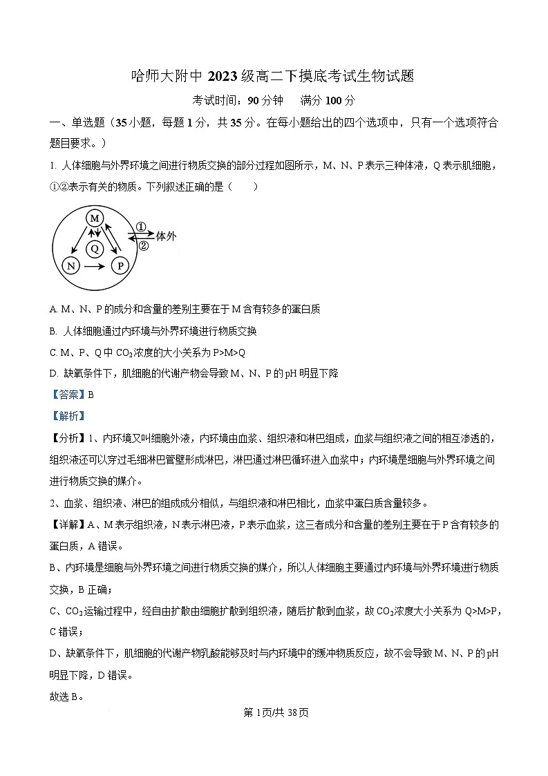 黑龙江省哈尔滨师范大学附属中学2024-2025学年高二下学期开学考试生物试卷 含解析第1页