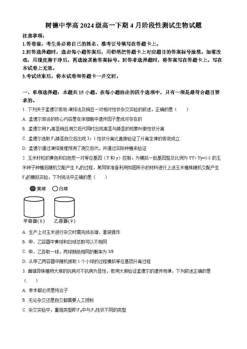 四川省成都市树德中学2024-2025学年高一下学期4月月考生物试题（原卷版+解析版）第1页