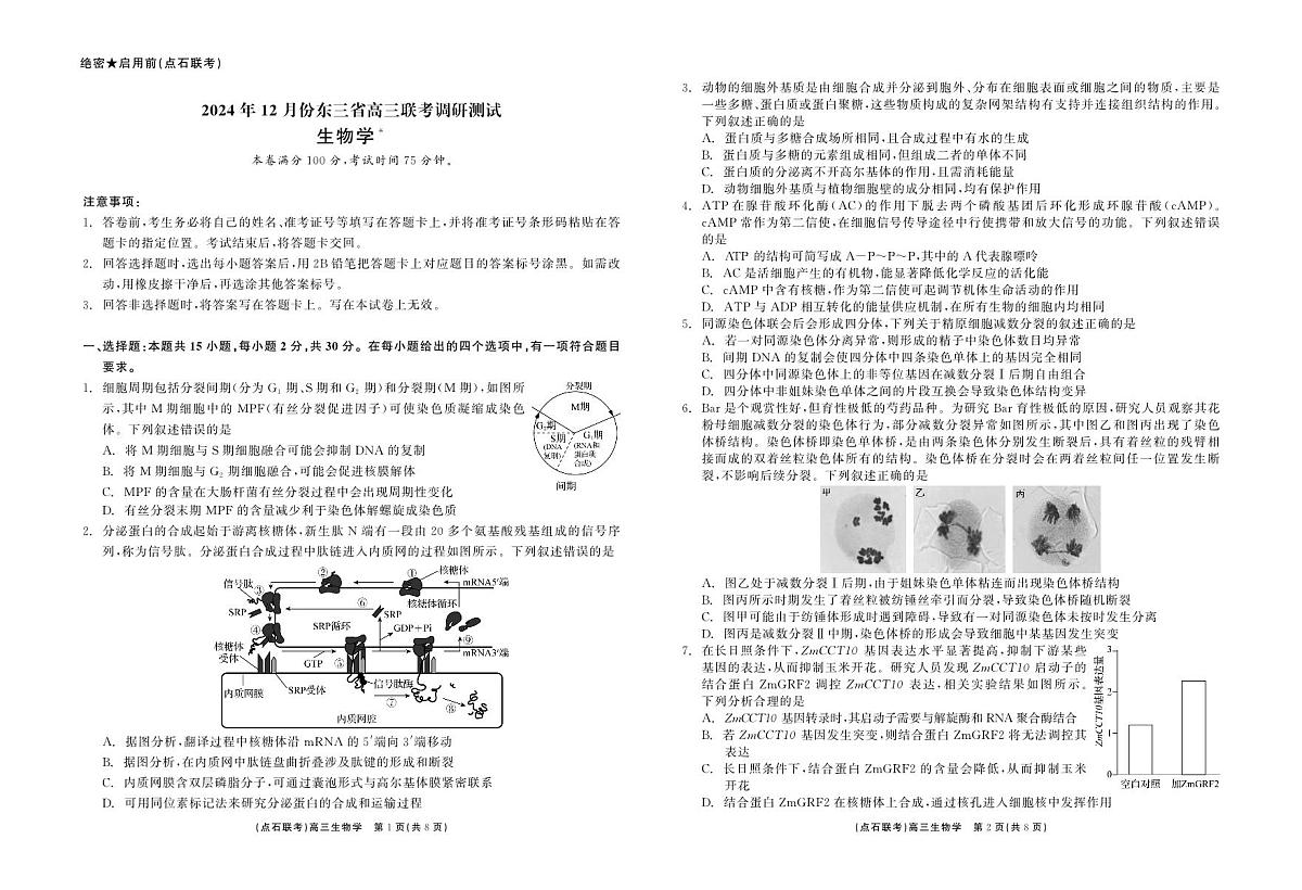 东三省2024-2025学年高三上学期12月联考调研测试 生物试卷（含答案）第1页