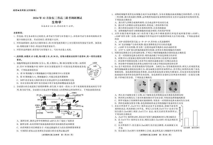 东三省2024-2025学年高三上学期12月联考调研测试 生物试卷（含答案）第1页