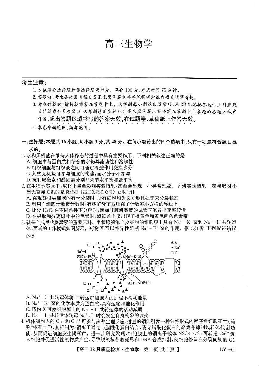 九师联盟2024-2025学年高三上学期模拟预测 生物试卷（含答案）第1页