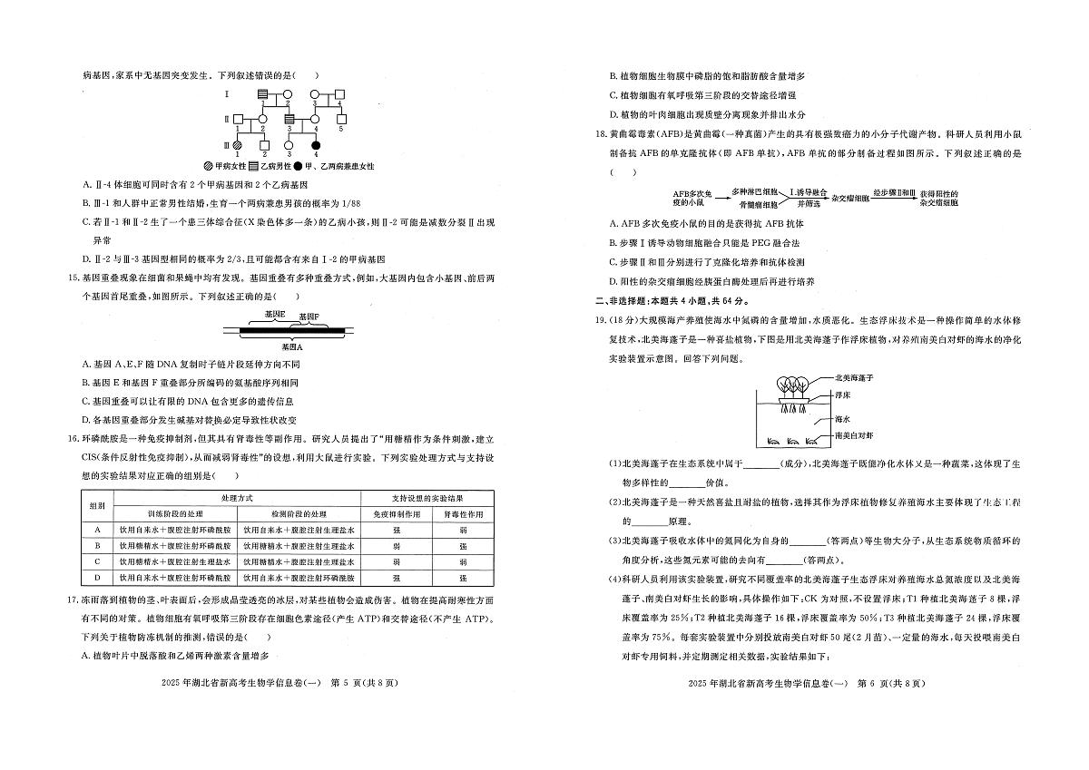 湖北省新高考2025年高三高考模拟信息卷（一）-生物试题+答案第3页