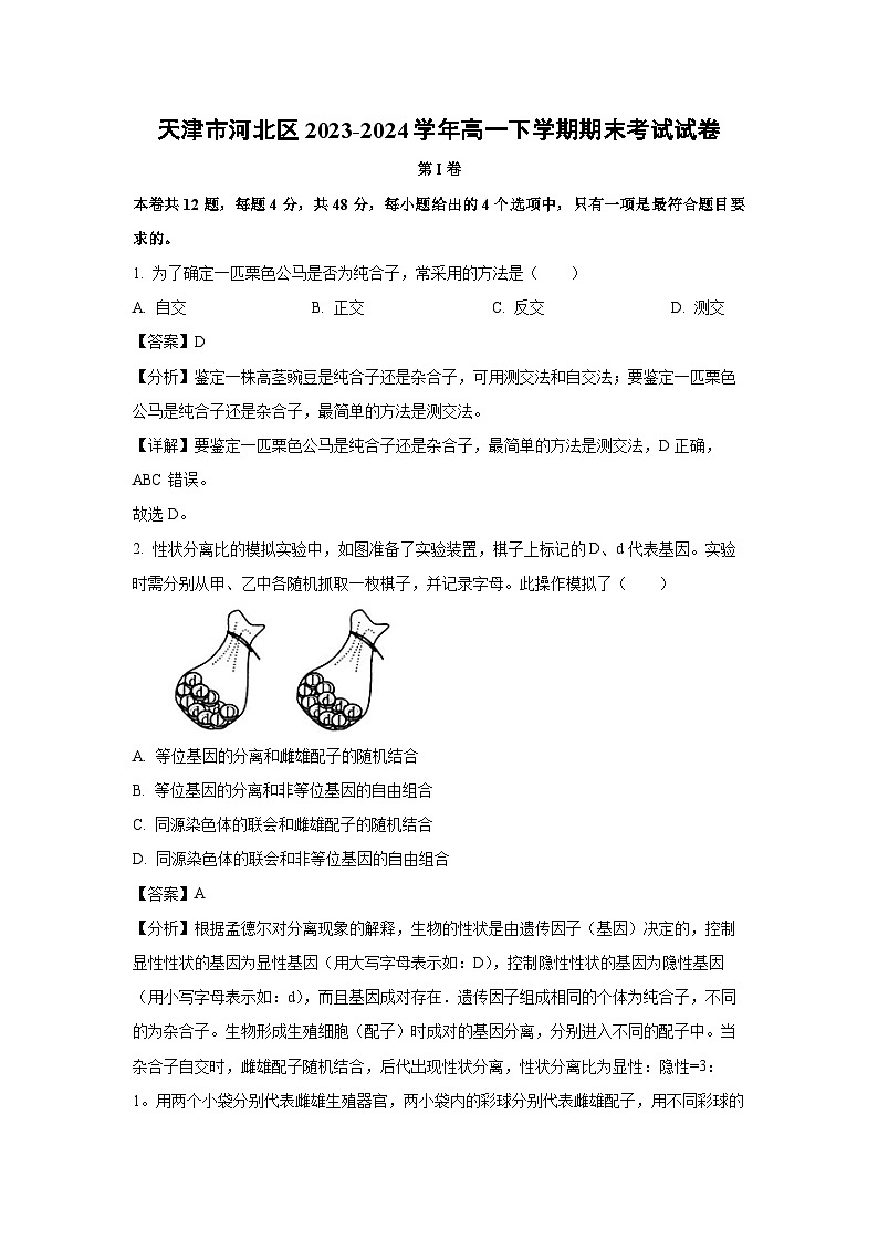 天津市河北区2023-2024学年高一下学期期末考试生物试卷（解析版）第1页