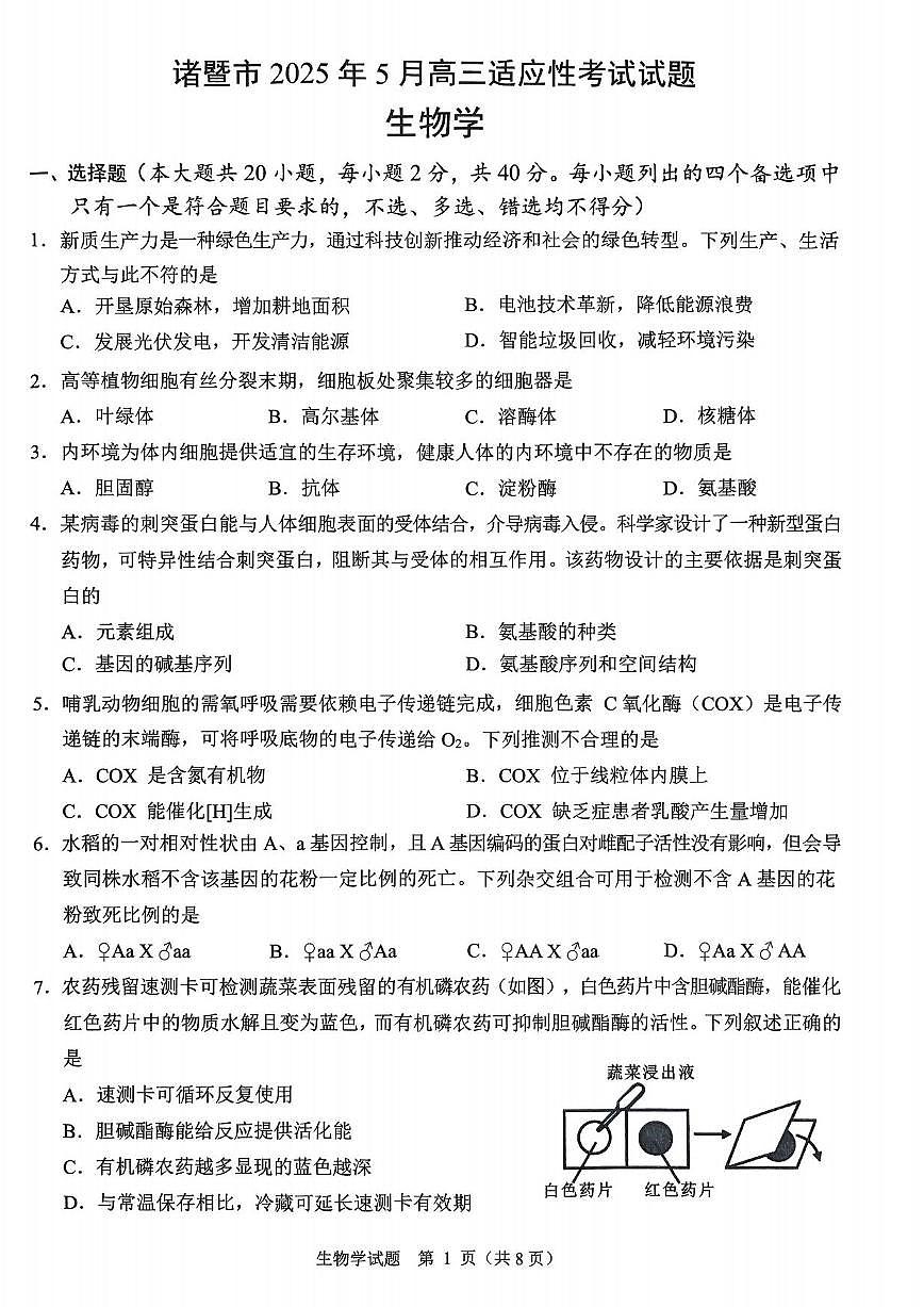 生物丨浙江省诸暨市2025届高三下学期5月适应性考试试卷及答案第1页