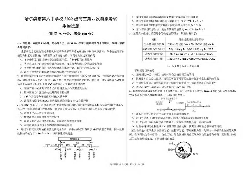 生物丨黑龙江省哈尔滨六中2025届高三下学期5月第四次模拟试卷及答案第1页