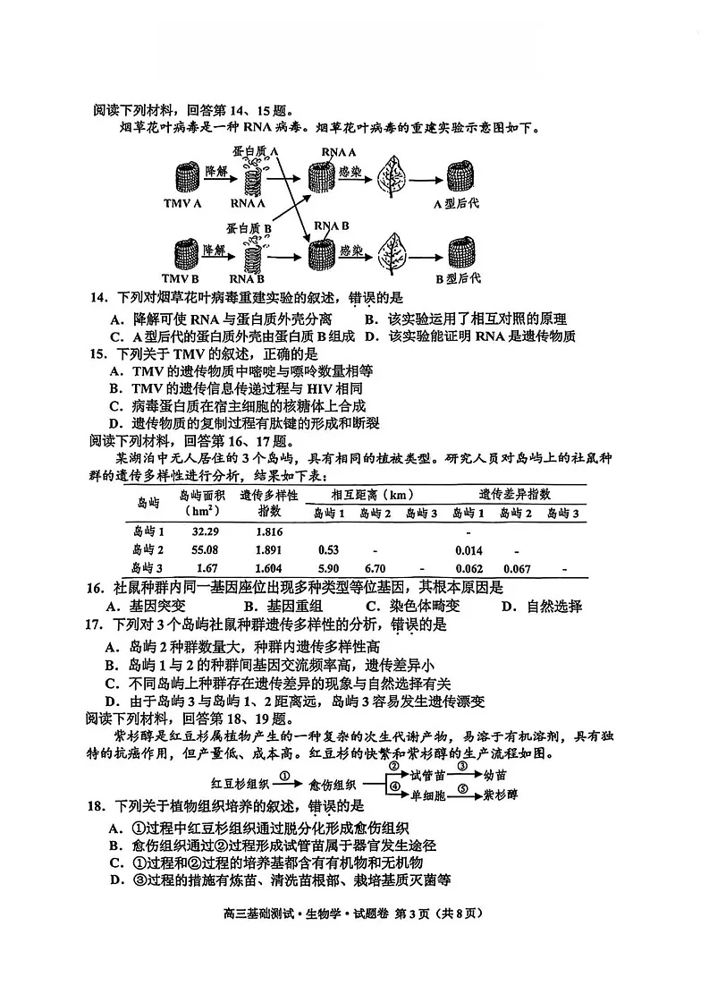 2025届浙江省嘉兴市高三9月基础测试月-生物试卷（含答案）第3页
